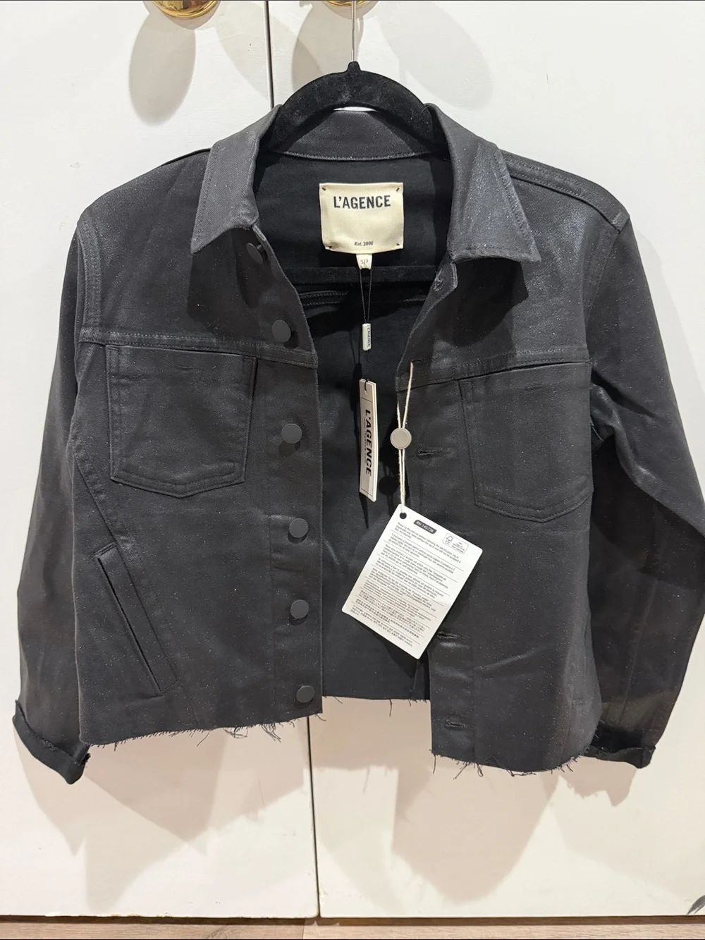 L'AGENCE Black Cropped Frayed-Hem Denim Jacket